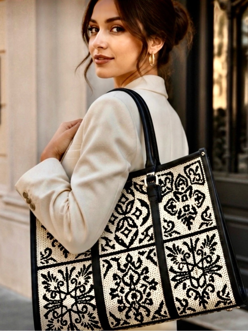 Black & Cream Patterned Tote Bag with Leather Trim